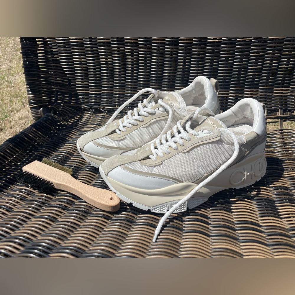 Authentic Jimmy Choo White and Tan Sneakers with Chunky Sole Raine